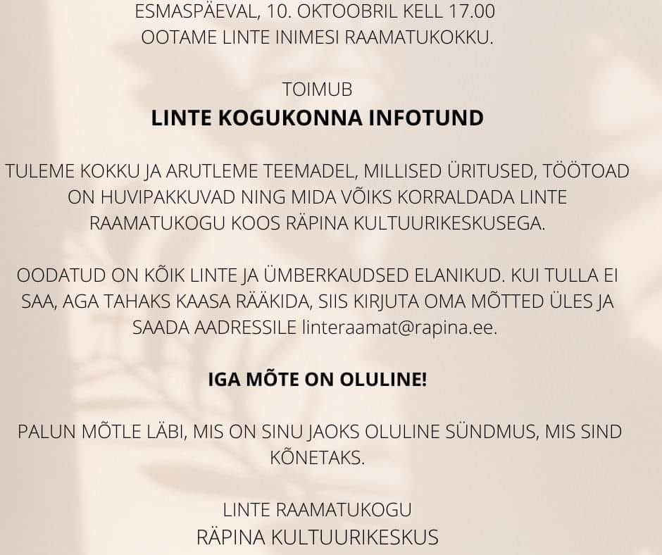 Linte kogukonna infotund Linte raamatukogus @ Linte | Põlva maakond | Eesti