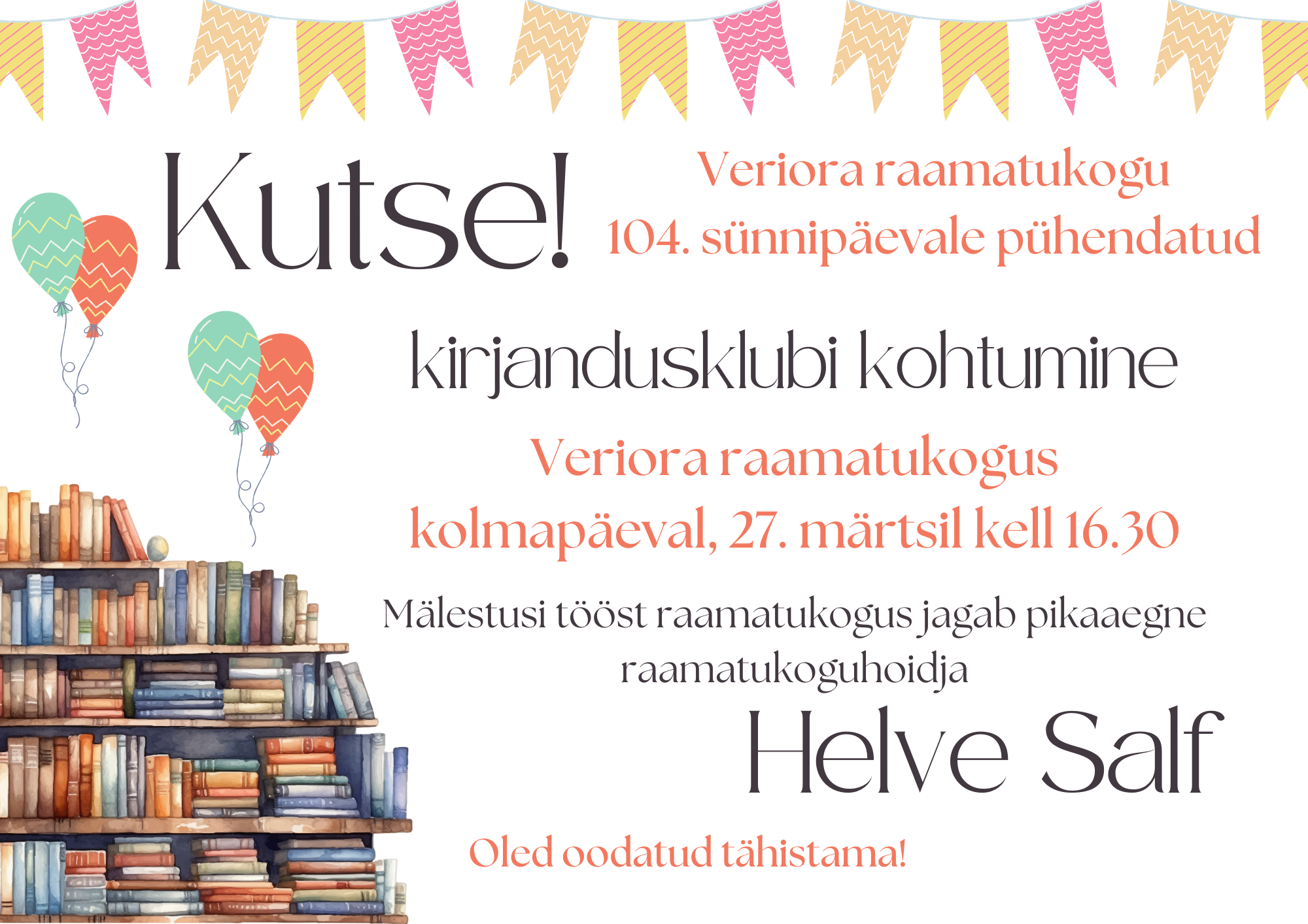 Veriora raamatukogu 104. sünnipäevale pühendatud kirjandusklubi kohtumine @ Veriora raamatukogu | Veriora | Põlva maakond | Eesti