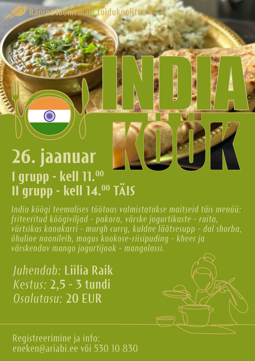 India köök toidukoolitus Räpina loomemajas GRUPP TÄIS! @ Räpina loomemaja | Räpina | Põlva maakond | Eesti
